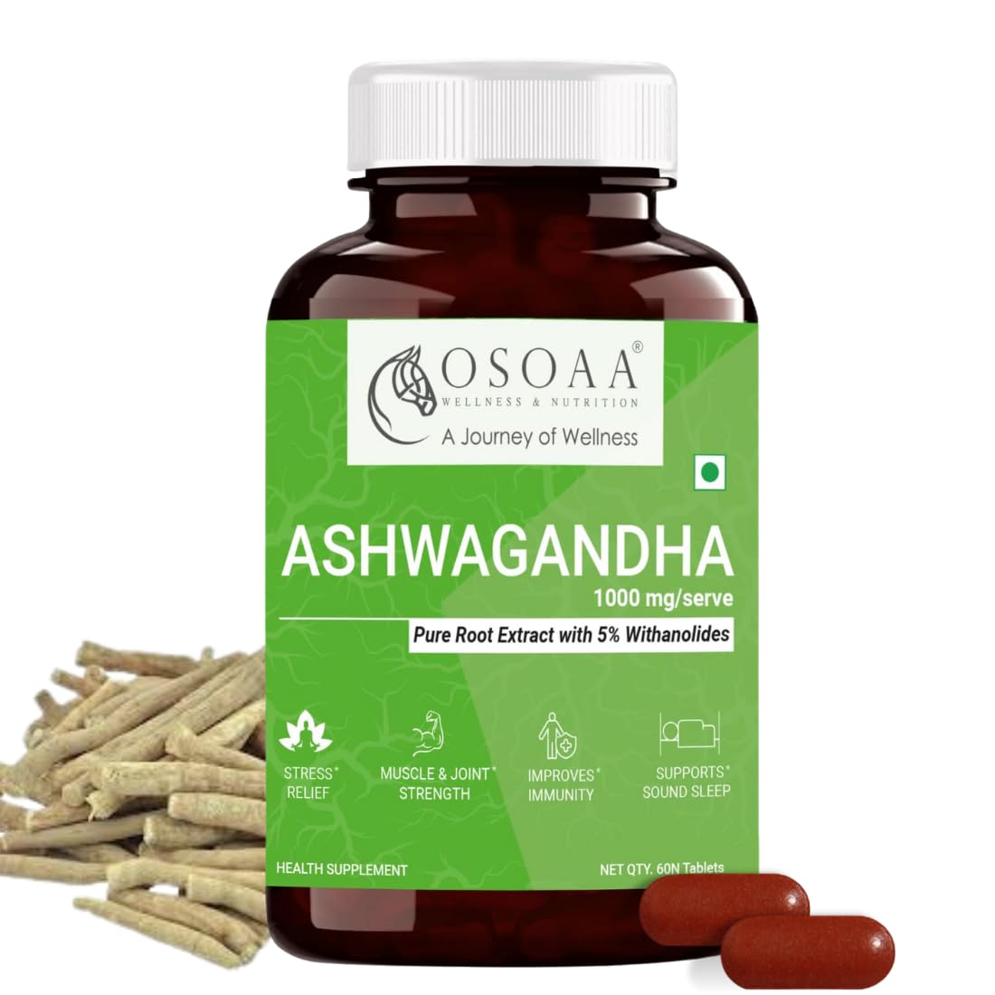 OSOAA Ashwagandha 60 Ayurvedic Tablets (5% Withania Somnifera - 1000mg) AYUSH APPROVED | Root Extract | Enhances Energy, Stamina, Immunity Booster | Anxiety & Stress Relief