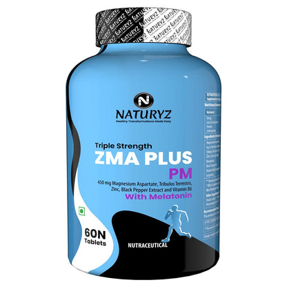 Naturyz Triple Strength ZMA Plus PM with Melatonin for Night Recovery & Muscle Strength Support Supplement with 450 mg Magnesium Aspartate, Tribulus, B6 & Black Pepper for Men - 60 Tablets