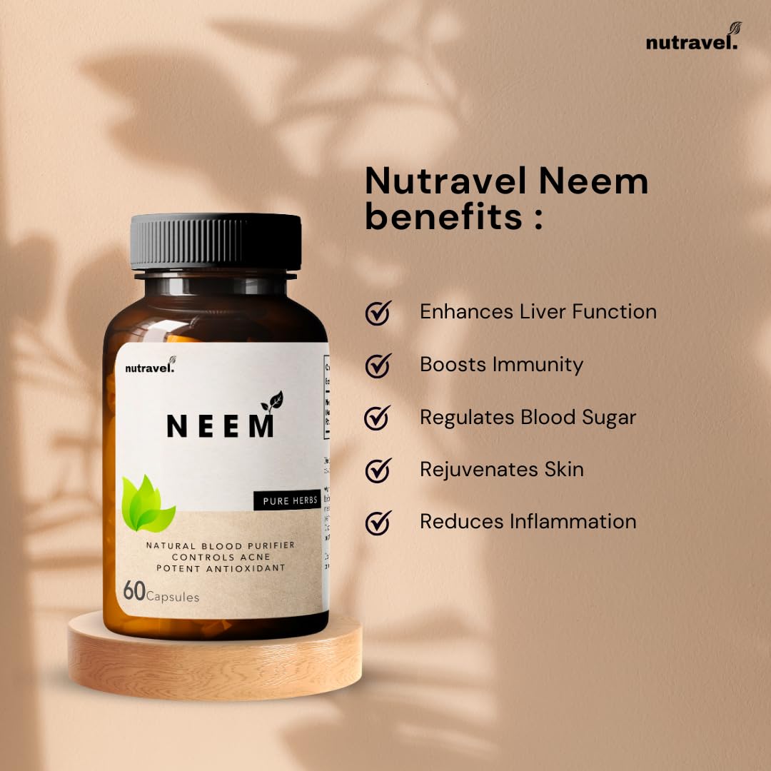 Nutravel Healthcare | Neem Capsules, 500 mg, Natural Blood Purifier, Controls Acne, Potent Antioxidant Pack of 60