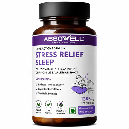 Absowell Stress & Sleep Relief | 60 Veg Capsules | Ashwagandha 300mg, L-Theanine 200mg, Valerian, Chamomile & Melatonin 3mg | Natural Non-Habit Forming Sleep Aid & Stress Relief Supplement