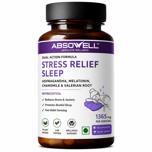 Absowell Stress & Sleep Relief | 60 Veg Capsules | Ashwagandha 300mg, L-Theanine 200mg, Valerian, Chamomile & Melatonin 3mg | Natural Non-Habit Forming Sleep Aid & Stress Relief Supplement