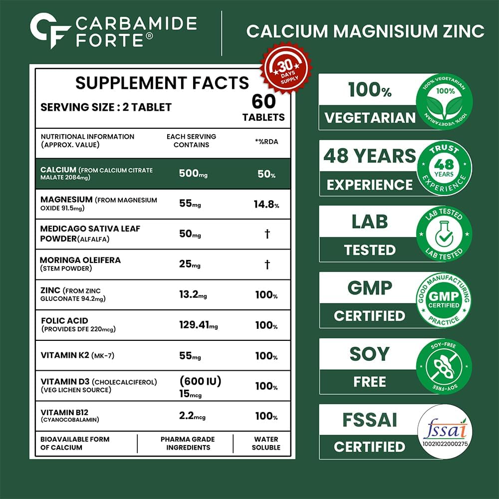 Carbamide Forte Veg Calcium And Vitamin D3 Tablets | Calcium Tablets for Women & Men | Calcium Magnesium Zinc Supplement With Vitamin D3 + K2 MK7 To Support Bones health , Joints & Immunity - 60 Tablets