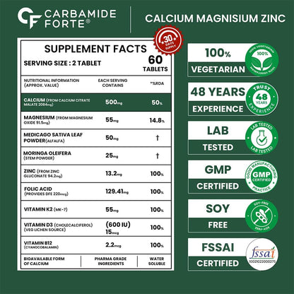 Carbamide Forte Veg Calcium And Vitamin D3 Tablets | Calcium Tablets for Women & Men | Calcium Magnesium Zinc Supplement With Vitamin D3 + K2 MK7 To Support Bones health , Joints & Immunity - 60 Tablets