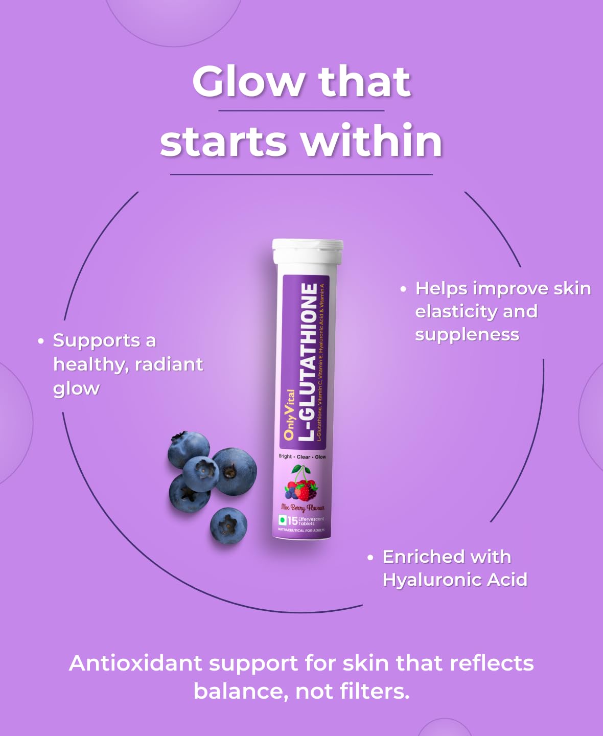 OnlyVital L-Glutathione Effervescent Tablets with Vitamin C, Vitamin E, Hyaluronic Acid & Vitamin A | Skin Brightening & Glow Support | Mixed Berry Flavour | (1)