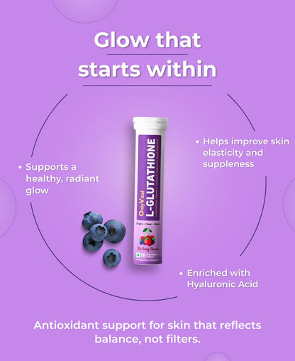 OnlyVital L-Glutathione Effervescent Tablets with Vitamin C, Vitamin E, Hyaluronic Acid & Vitamin A | Skin Brightening & Glow Support | Mixed Berry Flavour | (1)