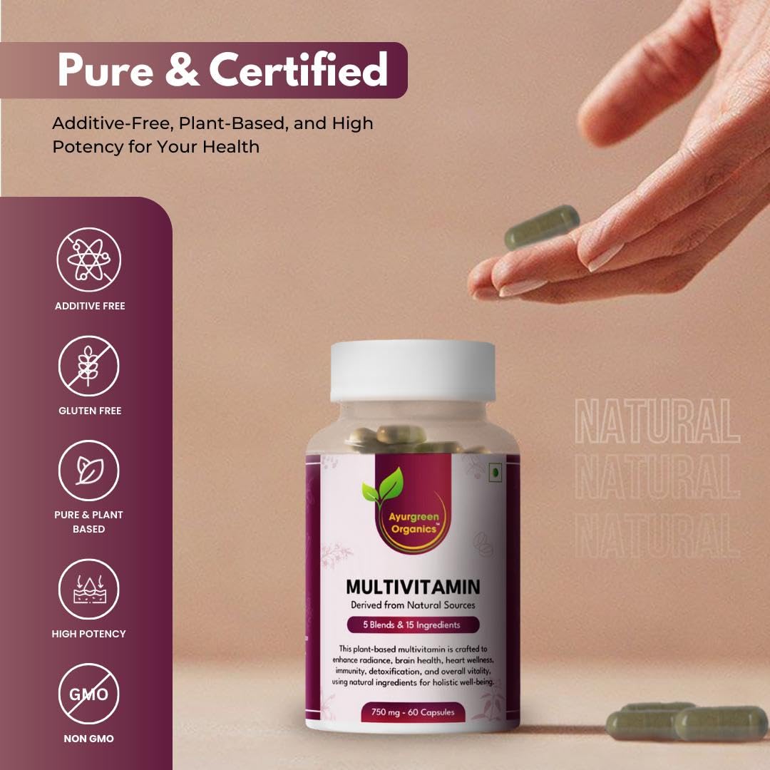 Ayurgreen Organics Multivitamin 750mg | 60 Veg Capsules | 5 Blends with 15 Natural Ingredients | Plant-Based Ayurvedic Formula | Non-GMO, Gluten-Free, No Additives, High Potency