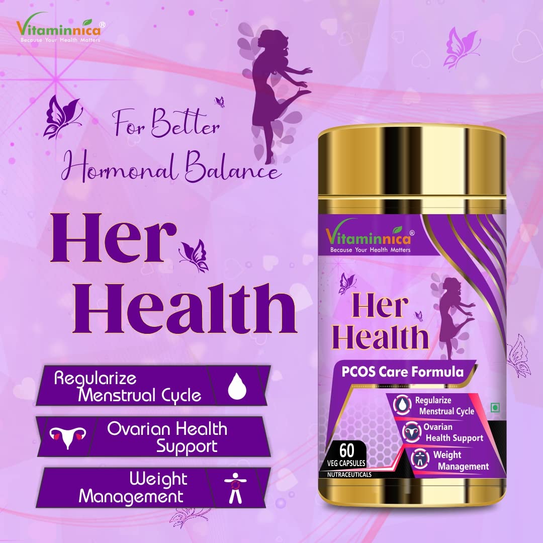 Vitaminnica Her Health PCOS Supplement for Women & Girls- Manages Irregular Delay Periods, PCOS Symptoms, Support Hormonal Balance, Weight Management | 60 Veg Capsules (Pack of 1)