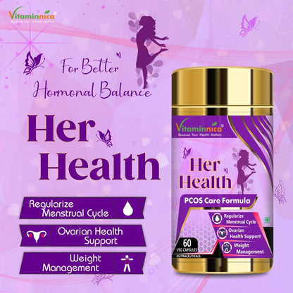 Vitaminnica Her Health PCOS Supplement for Women & Girls- Manages Irregular Delay Periods, PCOS Symptoms, Support Hormonal Balance, Weight Management | 60 Veg Capsules (Pack of 1)