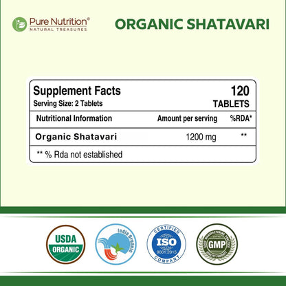 Pure Nutrition Organic Shatavari 120 Tablets | Ayurvedic Herbal Supplement for Women’s Hormone Balance & Wellness | Boosts Immunity, Supports Digestion & Overall Vitality