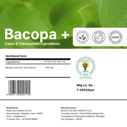 Biotex Bacopa+ 500mg | Brahmi (Bacopa monnieri) 400mg + Haridra (Curcuma longa) 100mg | Memory & Focus Support | Ayurvedic Herbal Supplement | Vegetarian Capsules | Gluten-Free | 30 Count