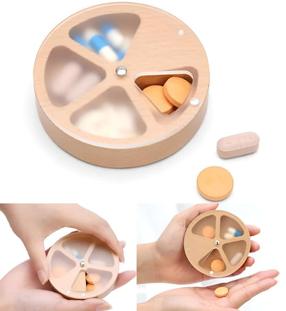 Wooden Pill Organizer Medicine Holder Tablet Box Daily Pill Case Weekly Pill Box Round Pill Dispenser with Rotating Lid Compartment Storage Vitamin Supplement Container Portable Eco Friendly Natural Wood Health Care Organizer for Home Travel Senior Care (