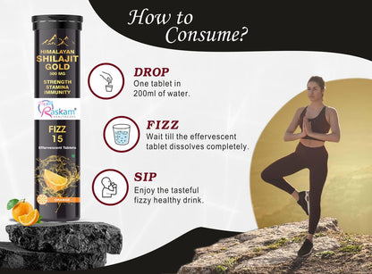 Raskam Shilajit Gold Fizz 15 Effervescent Tablets (Pack of 2) | With Ashwagandha, Gokshura & Safed Musli for Strength | Pure Himalayan Shilajit Gold For Men & Women in Orange Flavour, 500mg