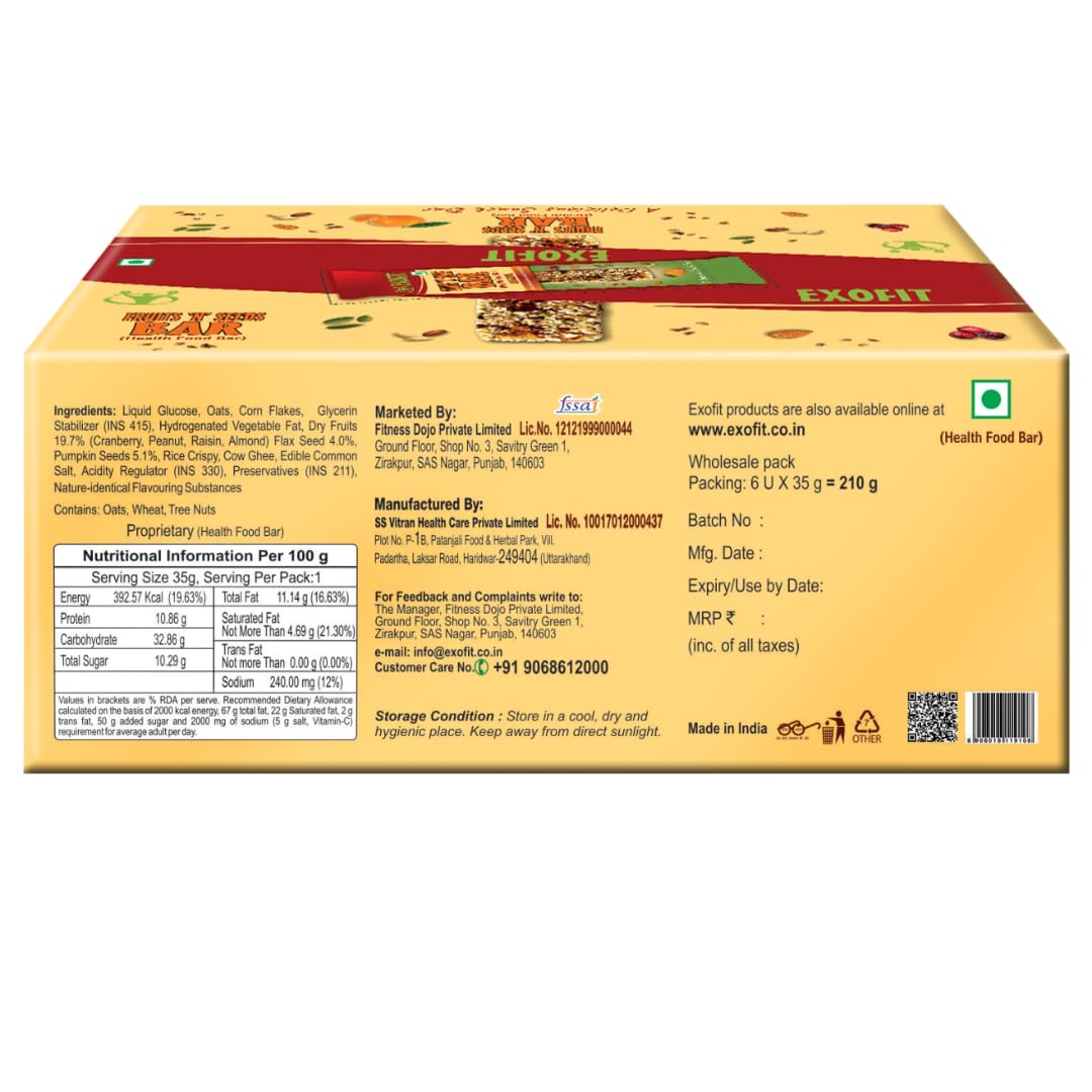 Exofit Fruits 'N' Seeds Bar -35g (Pack of 6 Bars) Ready to Eat Snack Bar - Zero Cholesterol, High Fiber, No Trans Fat, Orange - 210Gm