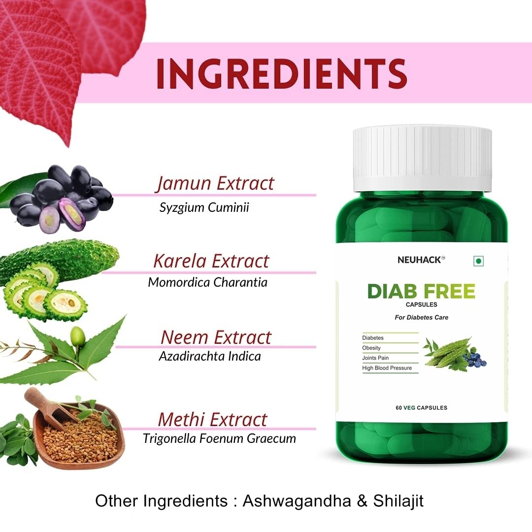 Neuhack Diab Free Diabetes capsules with Neem karela jamun for Diabetes & Sugar - Ayurvedic diabetes supplement medicine (Pack of 2)(60 caps each)