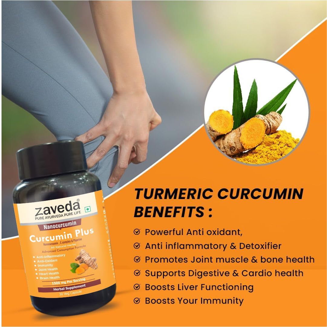 Zaveda Nano Curcumin Plus 1500mg| High absorption Pure Nano Curcumin with Biopiperine | Ayurvedic | Antioxidant & Anti-inflammatory - Skin, Heart, Joint Support |Veg Caps 30