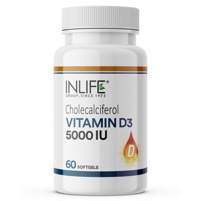 INLIFE Vitamin D3 5000 IU Cholecalciferol with Coconut Oil Supplement for Better Absorption, For Men & Women, Immunity, Bone Health, Muscles - 60 Softgels
