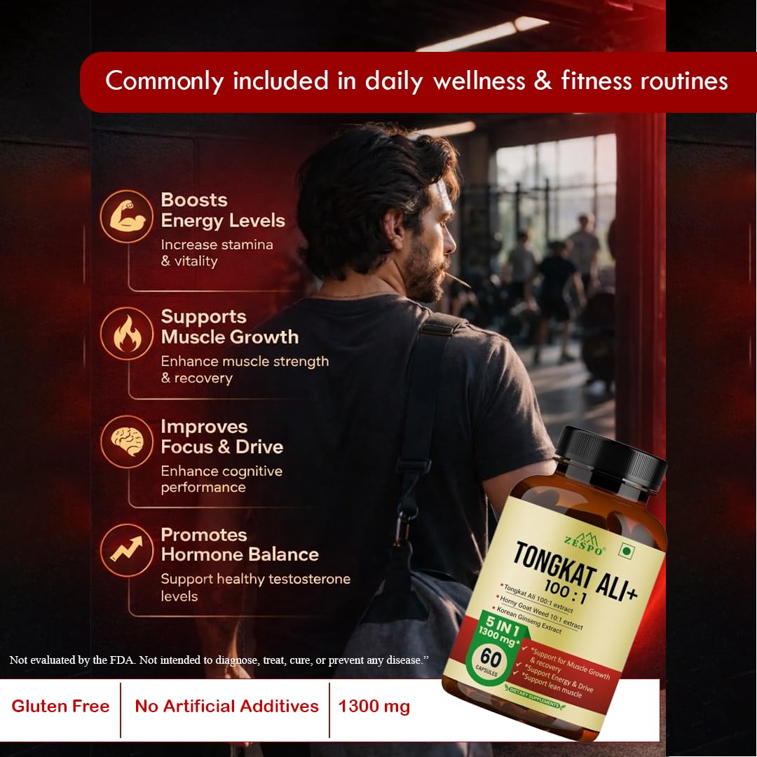 ZESPO Tongkat Ali 100:1 Extract 1300mg 5-in-1 with Korean Ginseng, Beet Root 20:1, L-Arginine & Epimedium Grandiflorum | 60 Veg Capsules | 30 Servings | Herbal Supplement