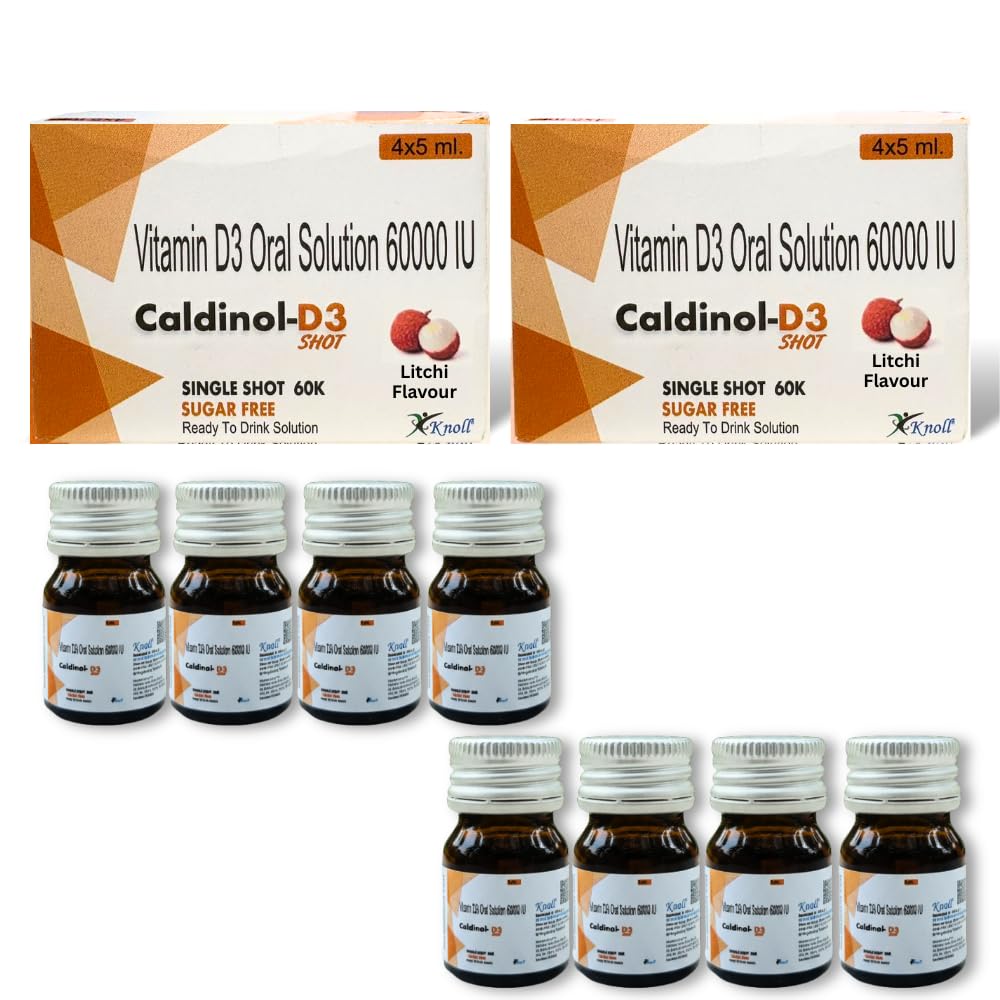 Knoll Healthcare Caldinol-D3 Cholecalciferol Vitamin D3 60000 IU Sugar Free Nano Shots Once in a Week - 5ML x 4 Nano Shot (Pack Of 2)