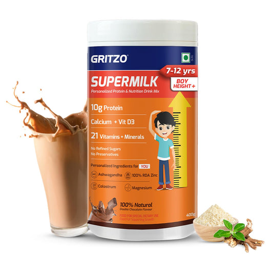 Gritzo Supermilk Height+ For 8-12Y Boys,100% Natural Double Chocolate,400 G,Powd
