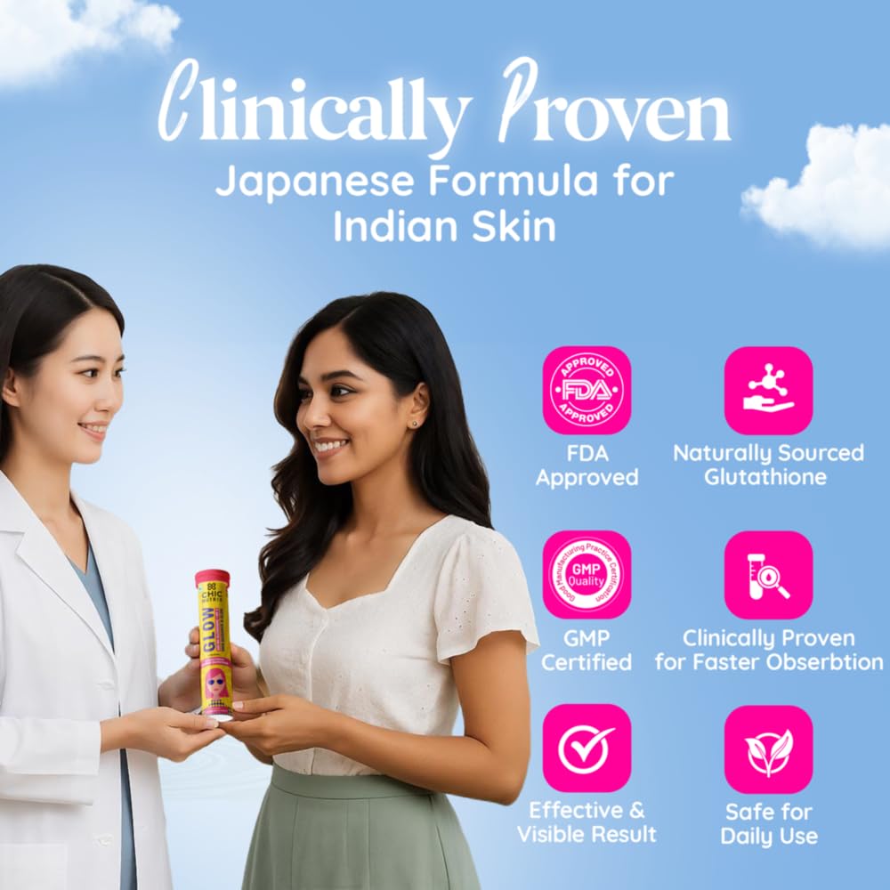 Chicnutrix Glow Glutathione Effervescent Tablets with Vitamin C |Japanese Glutathione 500mg For Radiant, Even-Toned and Glowing Skin | Sugar-Free| Strawberry Lemon Flavour | 10 Tablets