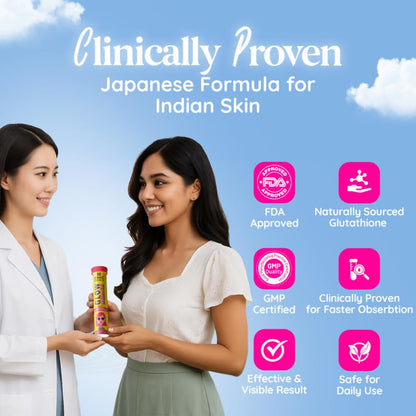 Chicnutrix Glow Glutathione Effervescent Tablets with Vitamin C |Japanese Glutathione 500mg For Radiant, Even-Toned and Glowing Skin | Sugar-Free| Strawberry Lemon Flavour | 10 Tablets
