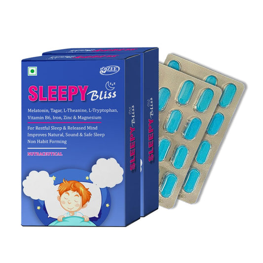 Sleepy Bliss Melatonin 10mg with Tagar Extract 100mg | Natural Sleep Aid Supplement for Men & Women | Deep & Restful Sleep | Non-Habit Forming | 30 Veg Tablets - Pack of 02