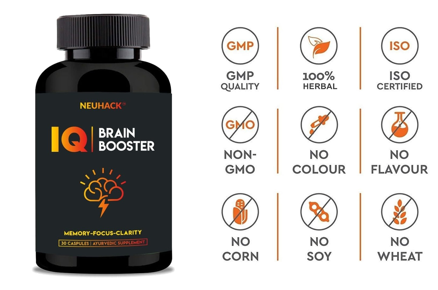 Neuhack IQ Brain Booster Memory Support Supplement with Brahmi, Ashwagandha, Shatavari & Jatamansi Ayurvedic - 30 Capsules