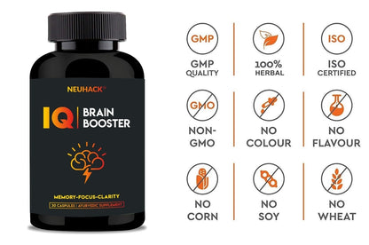 Neuhack IQ Brain Booster Memory Support Supplement with Brahmi, Ashwagandha, Shatavari & Jatamansi Ayurvedic - 30 Capsules