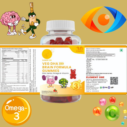 VEG DHA Brain Formula Gummies | Plant-Based Algal DHA with Omega Vitamins | With Ashwagandha, Shankhpushpi & Ginkgo Biloba