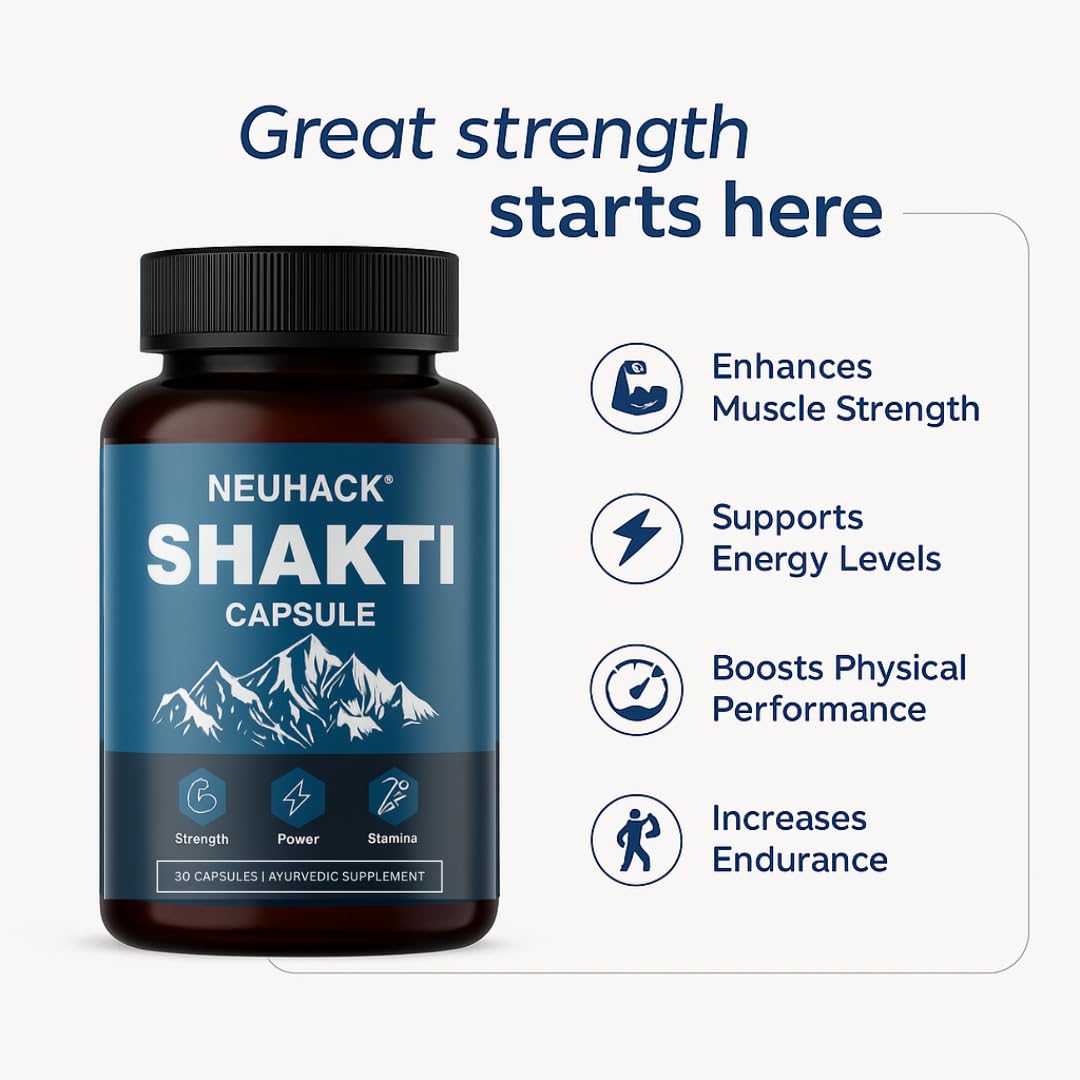 Neuhack Shakti Supplement for Strength, Stamina, Vigor | Ayurvedic Capsules with Shilajit, Ashwagandha, kaunch beej, vidarikand | 30 caps