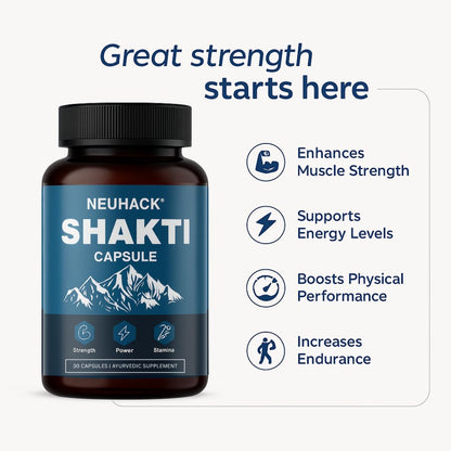 Neuhack Shakti Supplement for Strength, Stamina, Vigor | Ayurvedic Capsules with Shilajit, Ashwagandha, kaunch beej, vidarikand | 30 caps