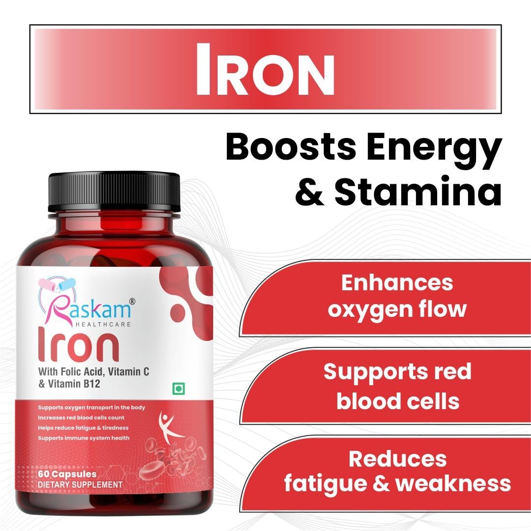 Raskam Iron Supplement with Folic Acid, Vitamin C & Vitamin B12, 60 capsules, Dietary Supplement