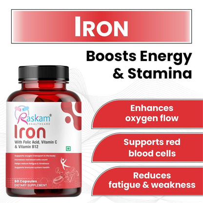 Raskam Iron Supplement with Folic Acid, Vitamin C & Vitamin B12, 60 capsules, Dietary Supplement