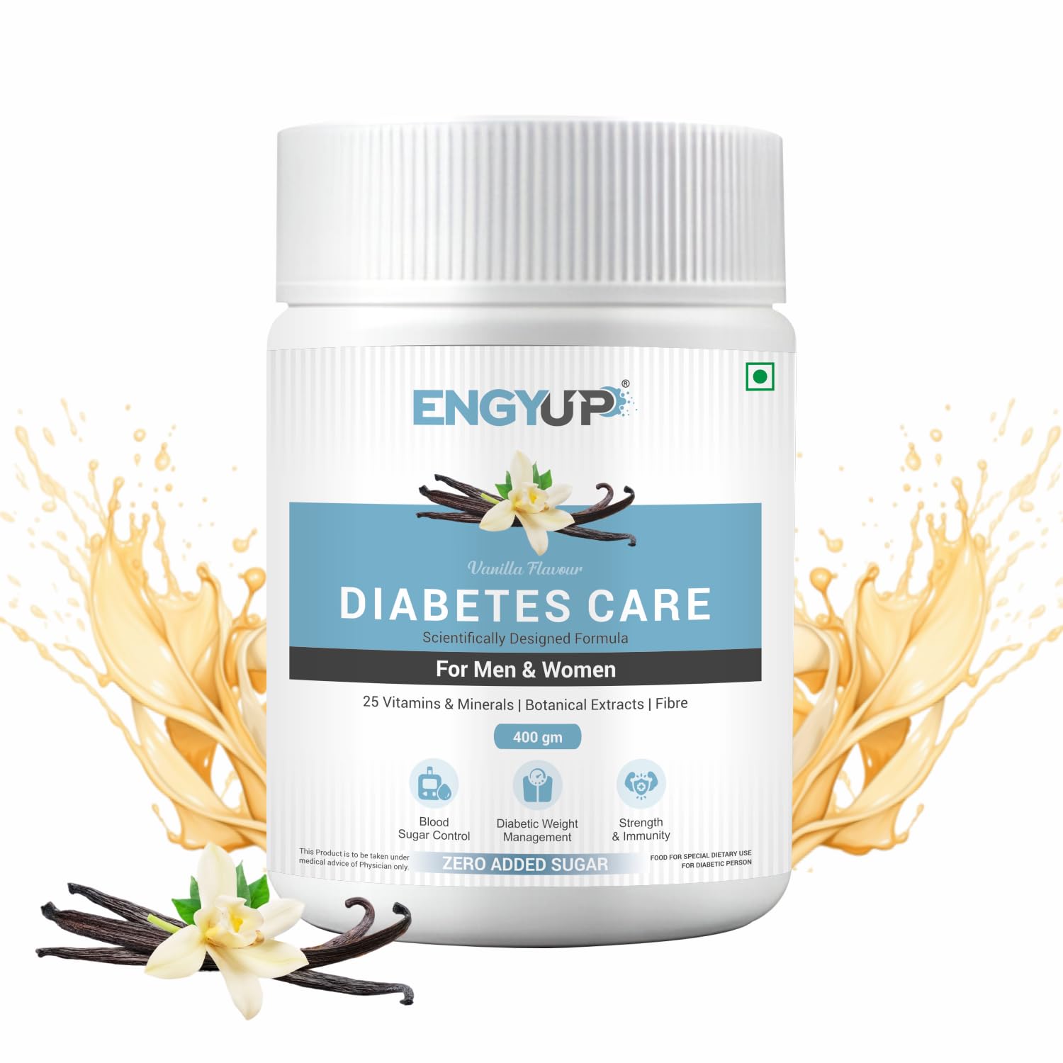 ENGYUP Diabetes Care Powder – Triple Blend Protein with Low GI & Zero Added Sugar, Vanilla Flavor, 400g