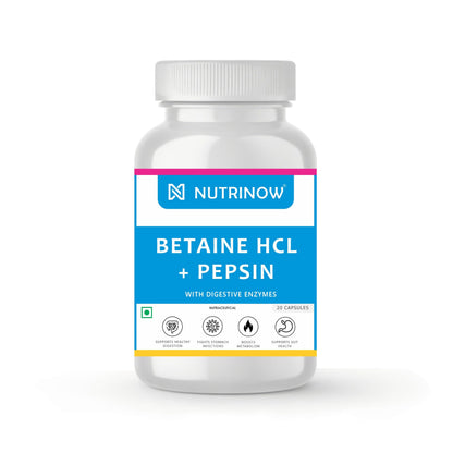 Nutrinow Betaine HCL + Pepsin with Digestive Enzymes | Supports Healthy Digestion, Gut Health & Nutrient Absorption | Digestive Support Supplement | With Bromelain, Lipase, Amylase & Protease | 60 Capsules