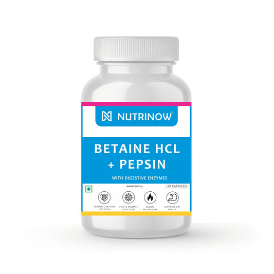 Nutrinow Betaine HCL + Pepsin with Digestive Enzymes | Supports Healthy Digestion, Gut Health & Nutrient Absorption | Digestive Support Supplement | With Bromelain, Lipase, Amylase & Protease | 60 Capsules