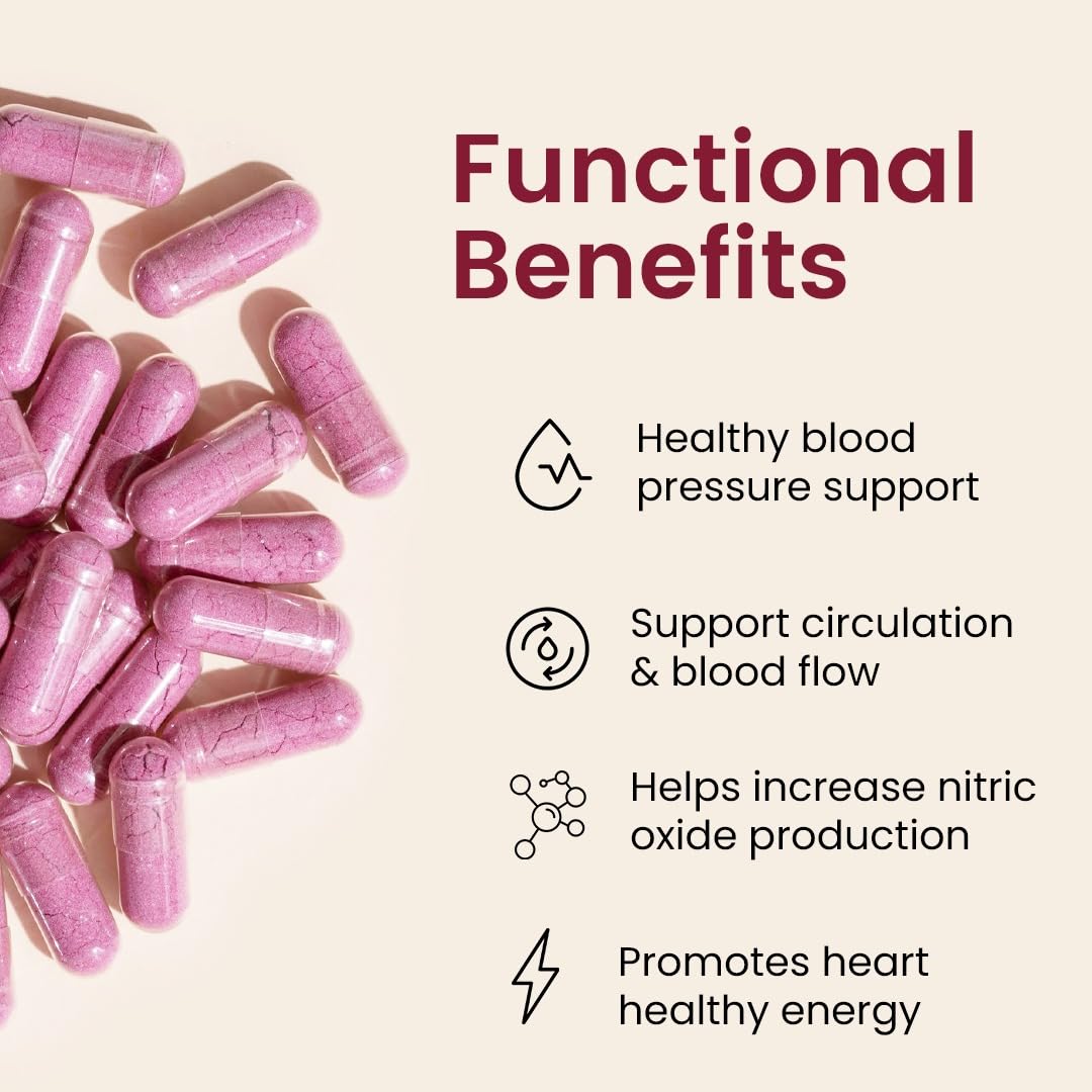 Rooted Active's PowerBeets - Beet Root Capsules, Helps Support Nitric Oxide Production, Blood Pressure, Heart Health, Contains Non-GMO Beetroot Powder, Grape Seed Extract (60 Caps)