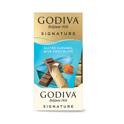 GODIVA Signature Salted Caramel Milk Chocolate Mini Bars 90g With Free Flavourito Kunafa Pistachio Chocolate Bar, 20g By Decadent Foods (Imported Turkey)