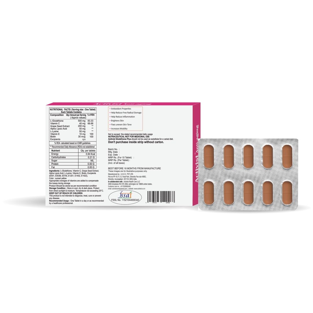 Activist - Glutathione plus Tablet | Glutathione, Vitamin C, Vitamin E & Biotin Tablet | Nutritional Dietary Supplement (10 Tablets x 3)