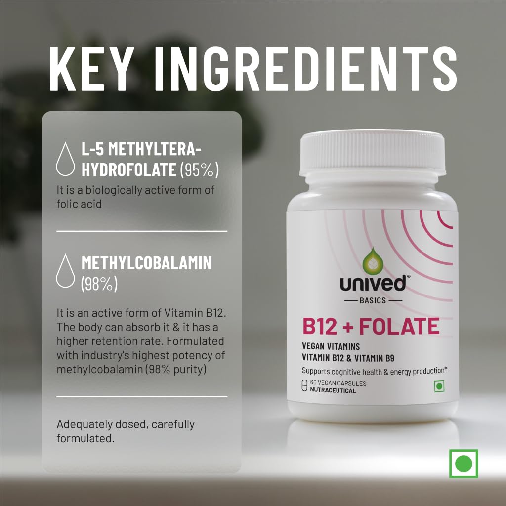 Unived Basics B12+Folate | Vitamin B12 (Methylcobalamin) with 5-MTHF Bi- image 3