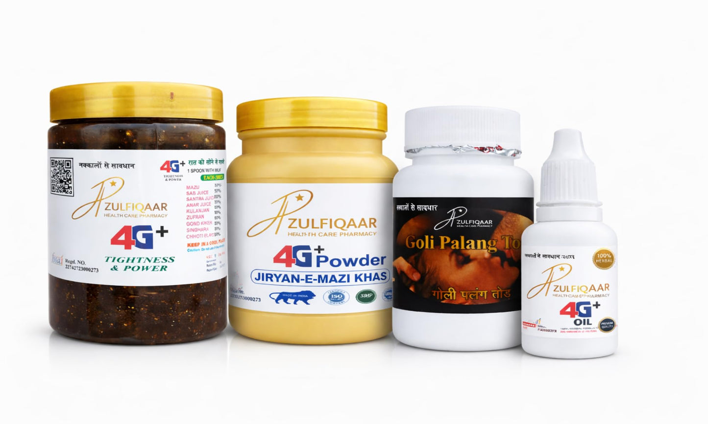 ZULFIQAAR HEALTH CARE PHARMACY 4G+ Power Combo | 4G Majun, Powder, Goli Palang Tod & Oil | Ayurvedic Herbal Stamina & Energy Support for Men