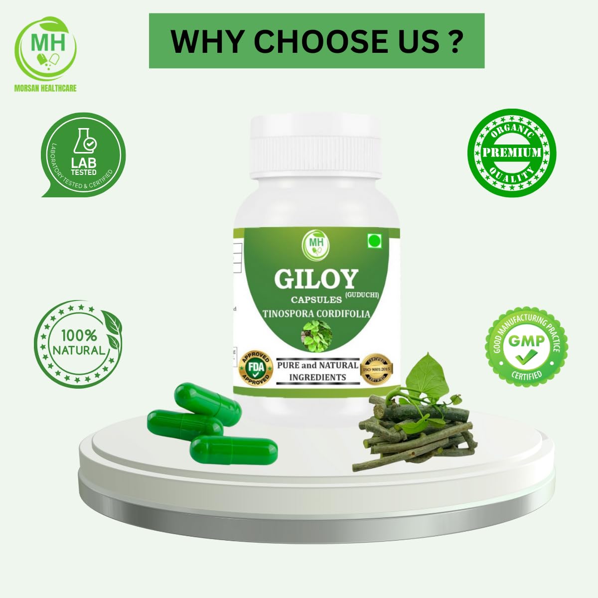 Morsan's Giloy (Tinospora cordifolia) Capsules, Pack of 60 x 500 mg. Veg. Capsules (1)