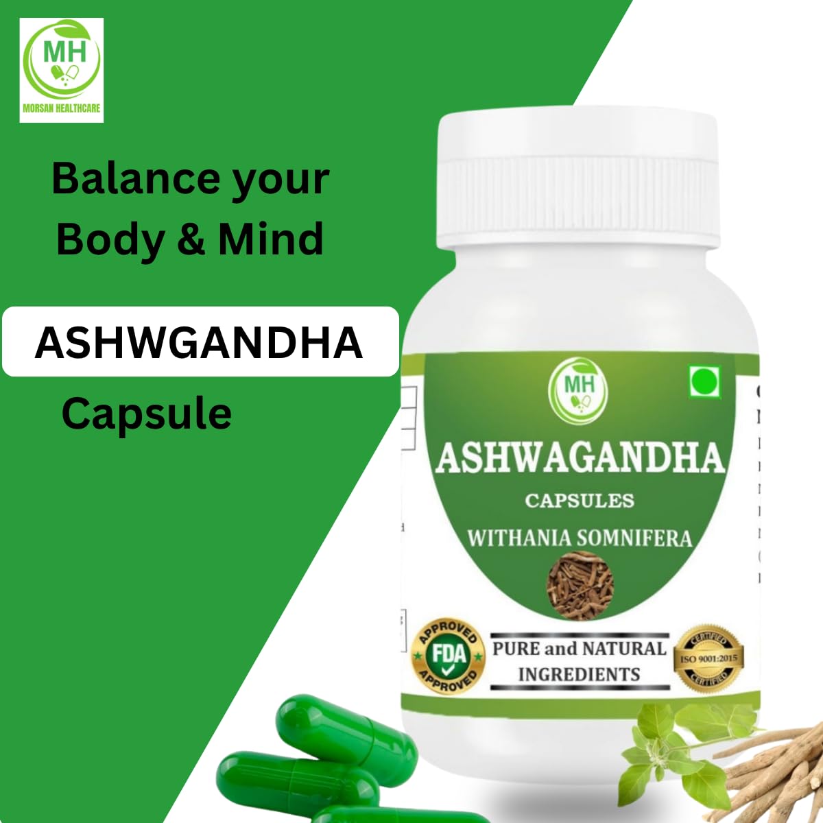 Morsan's Ashwagandha (Withania sominfera) Capsules, Pack of 60 x 500 mg. Veg. Capsules (2)