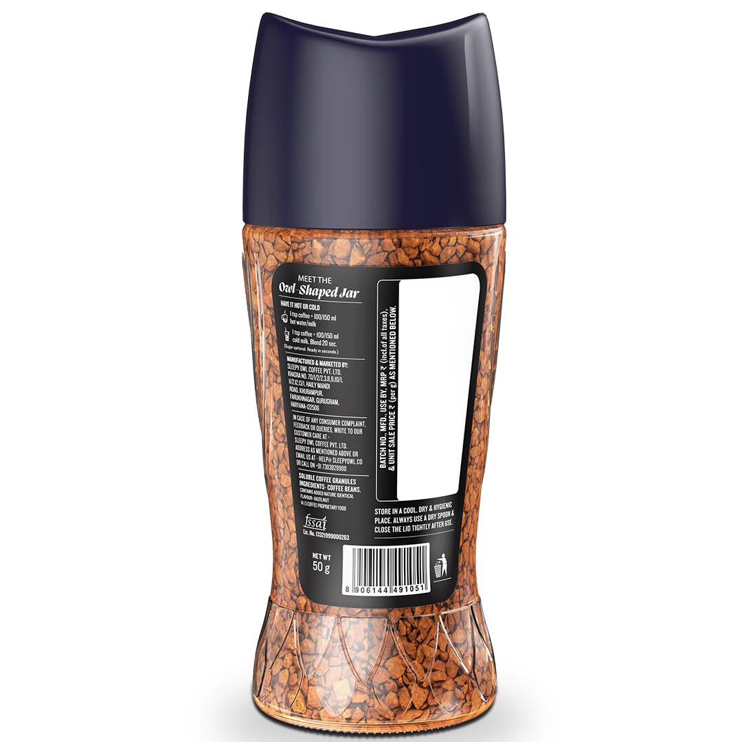 Sleepy Owl Hazelnut Premium Instant Coffee Powder | 100% Arabica Freeze Dried Coffee - 50g | Make Cafe Style Hot or Cold Coffee, Black Coffee, Cappuccino, Latte at Home | Makes 25 Cups