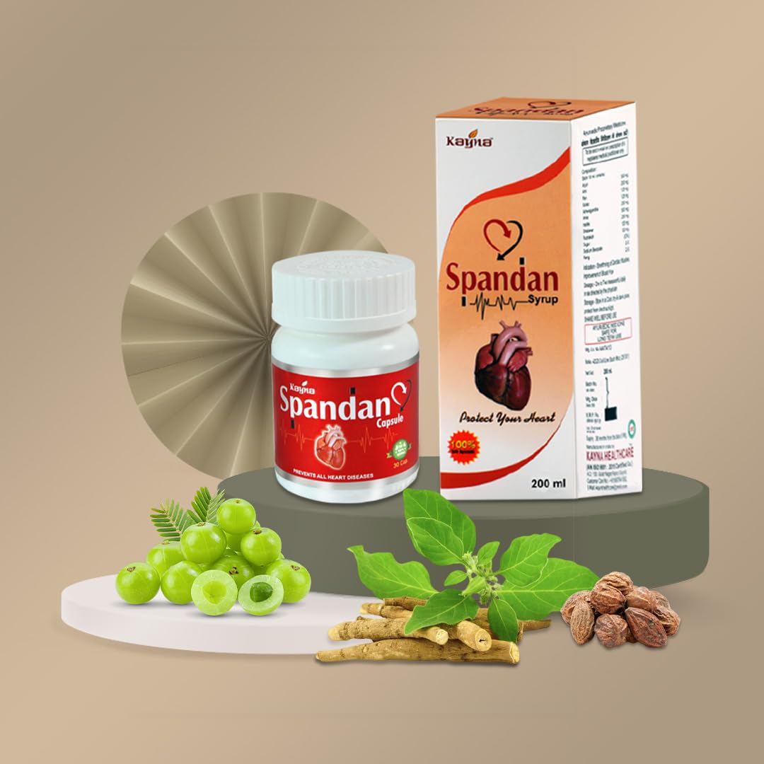 KAYNA HEALTHCARE Spandan Syrup & Capsule Combo | Ayurvedic Heart Health Supplement | Supports Healthy Blood Circulation, Reduces Stress & Promotes Cardiac Wellness | Herbal Nutritional Care