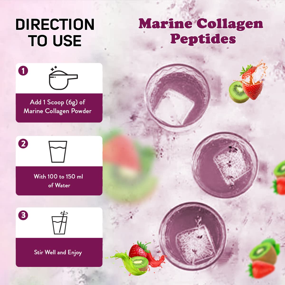 HEALTHOXIDE Marine Collagen powder | Marine Collagen Peptides | Marine Collagen for Skin, Hair, Nails | Contains Artificial Sweetener Stevia And For Calories Conscious (Kiwi & Strawberry)