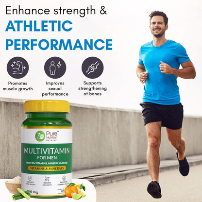 Pure Nutrition Multivitamin for Men with Biotin, Vit A, C, Iron, Alfa Alfa, Moringa, Ginseng, Fenugreek & Green Tea | Supports Immunity, Energy, Stamina, Bone & Overall Health | 60 Veg Tablets