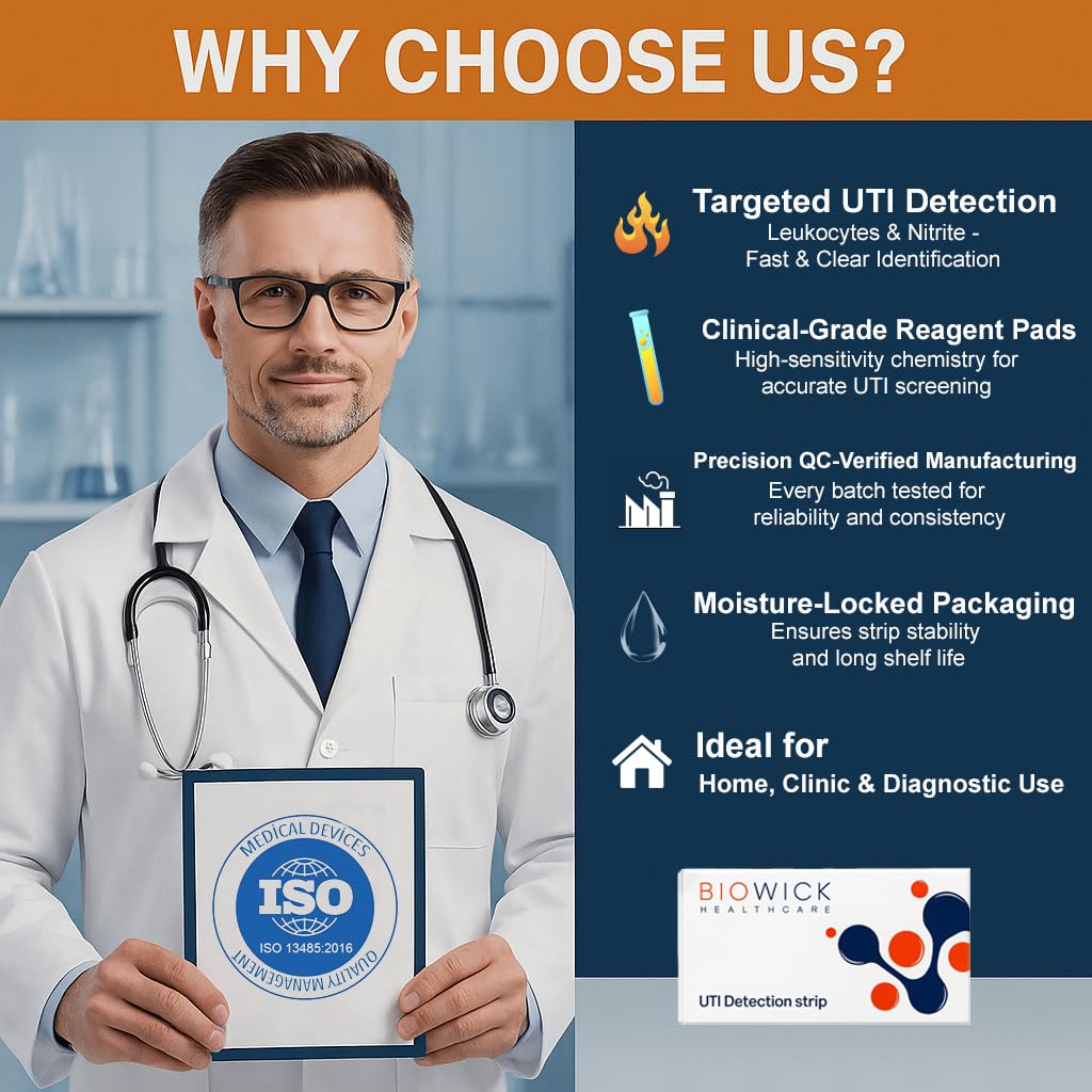 Biowick UTI Home Test Kit | 3 Urine Test Strips | Early UTI Detection at Home | Clinically Tested | Tests Leukocytes & Nitrites | Hygienic & Accurate | Self-Testing Kit | Ideal for Women & Seniors