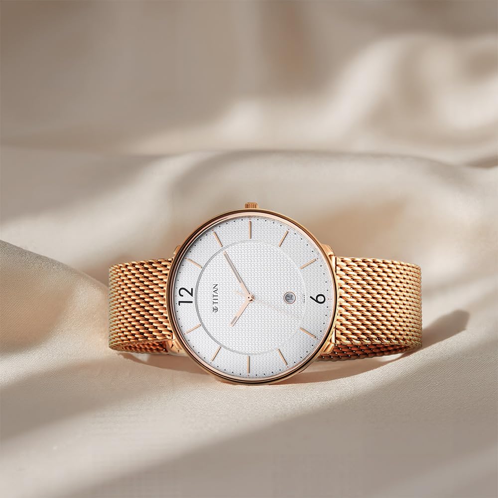 Titan Black & Gold Quartz Analog with Date White Dial Rose Gold Stainless Steel Strap Watch for Men - NT1849WM01