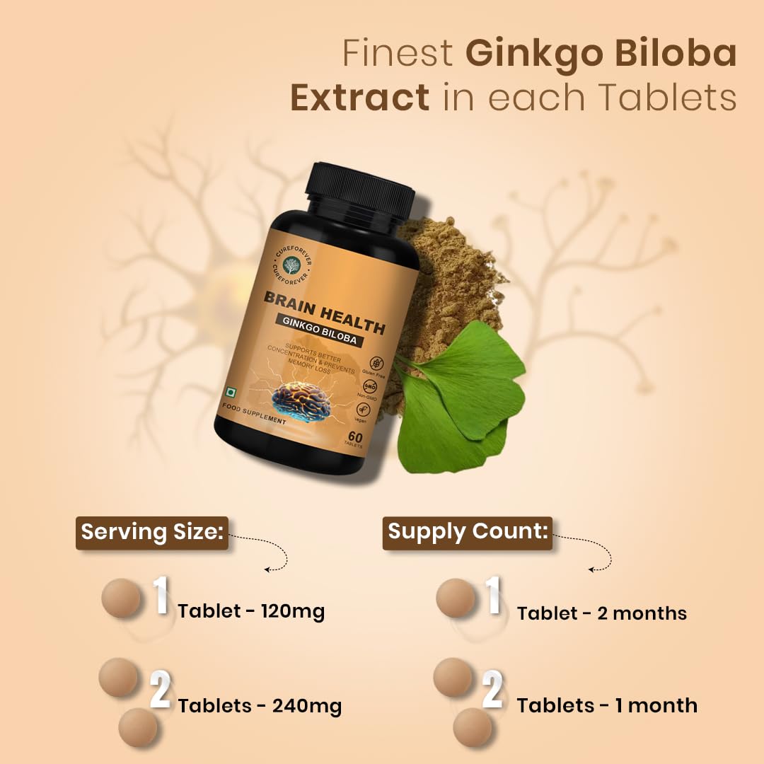 CUREFOREVER Ginkgo Biloba 240mg Tablets | Brain Health & Memory Support Supplement | Helps Improve Focus, Mental Clarity & Concentration | Herbal Cognitive Support | 60 Tablets - 30 Days Supply